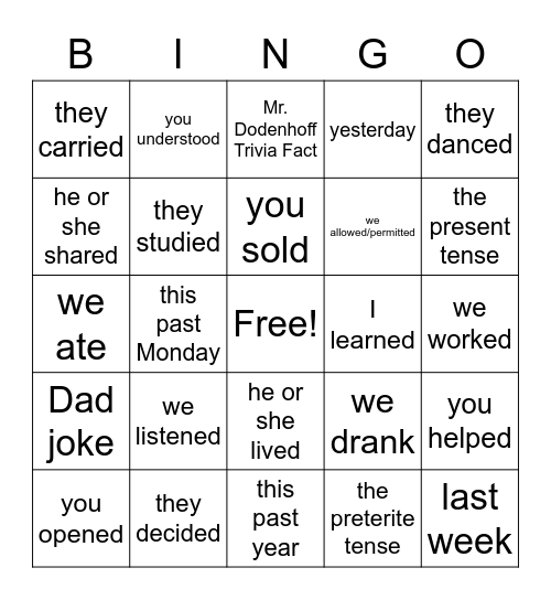 Preterite Tense Bingo Card