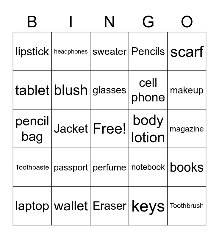 What's in your bag? Bingo Card