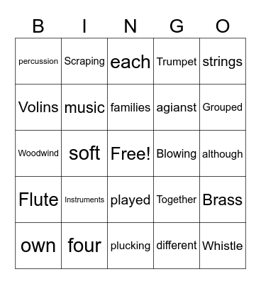 Families of instruments Bingo Card