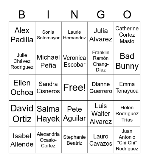 Hispanic Heritage Month Bingo Card