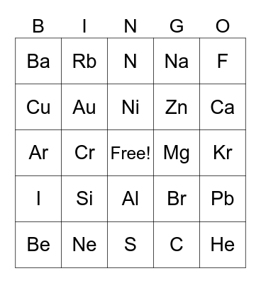 PERIODIC TABLE Bingo Card