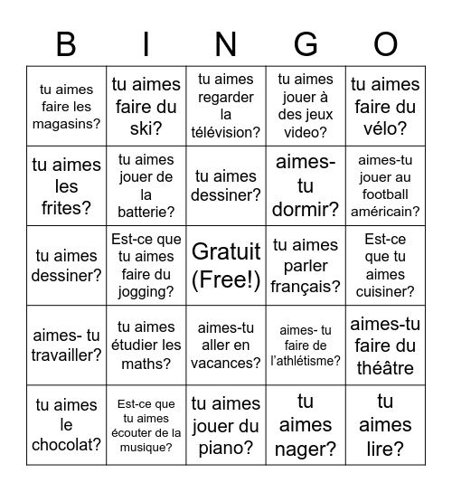 Français 1 Bingo Card