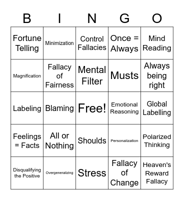 Thinking Errors/ Cognitive Distortions Bingo Card