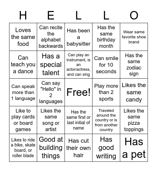 START WITH HELL0 Bingo Card