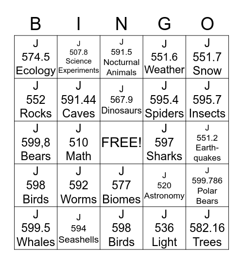 Science and Math  DEWEY 500's Bingo Card