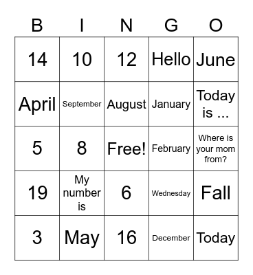 Español 1 Bingo Card