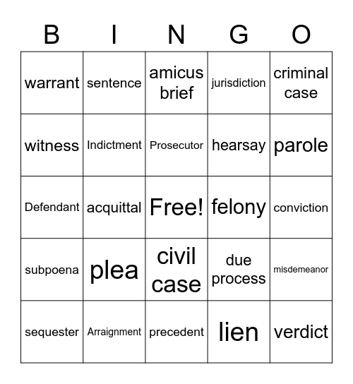 Law Terms Bingo Card