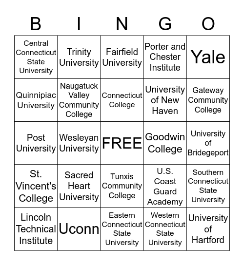 CT Colleges/Universities Bingo Card