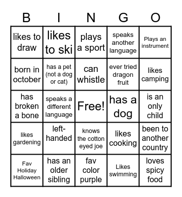 All About You Bingo Card
