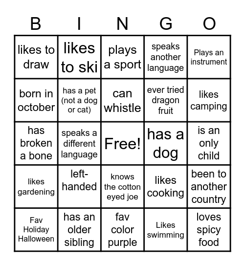 All About You Bingo Card