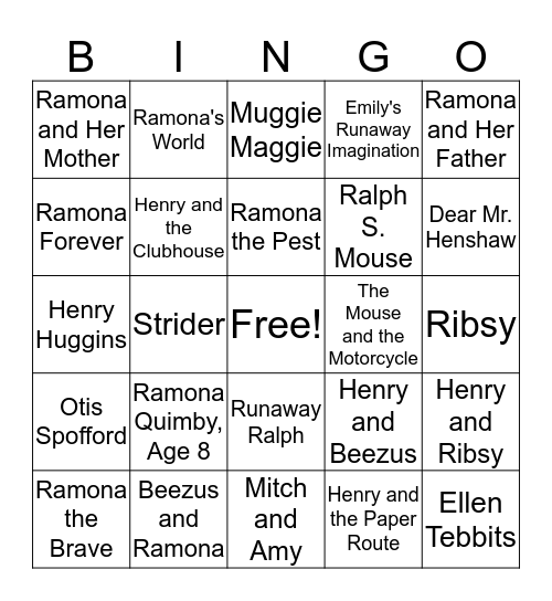 3rd Grade Beverly Cleary Challenge Bingo Card