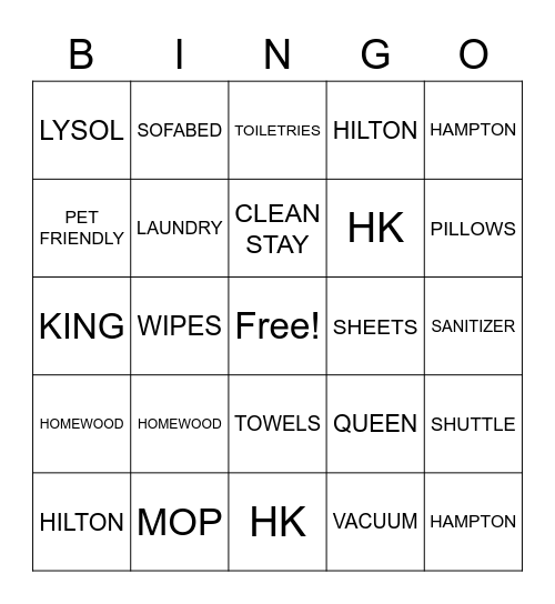 HOUSEKEEPING BINGO Card