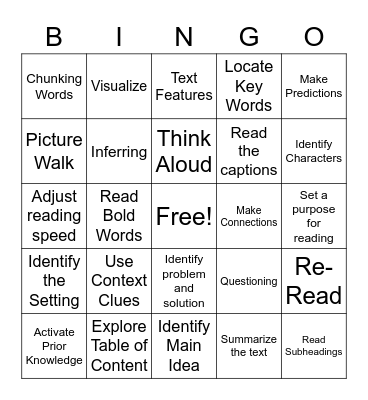 Reading Strategies Bingo Card