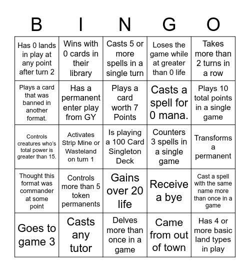 Canadian Highlander Bingo Card