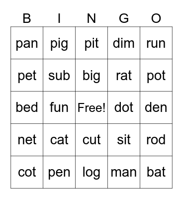 Closed Syllables (CVC) Bingo Card