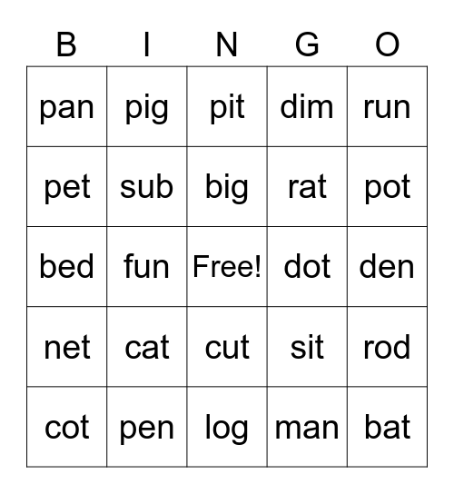 Closed Syllables (CVC) Bingo Card