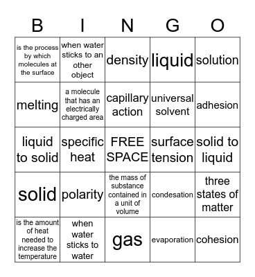 Properties Of Water  Bingo Card