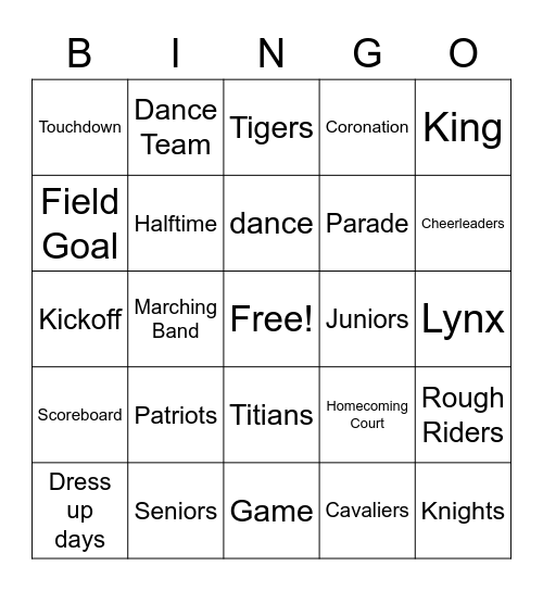 Homecoming Bingo Card