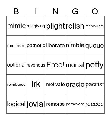 Middle School Vocabulary Bingo Card