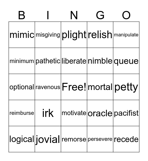 Middle School Vocabulary Bingo Card