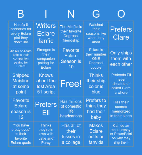 Eclare Shipper Bingo Card