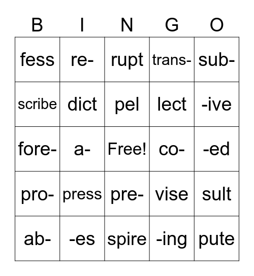 Word Elements 5 Bingo Card