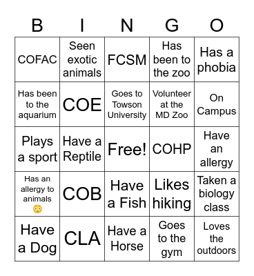 Pre-Vet Club Bingo Card