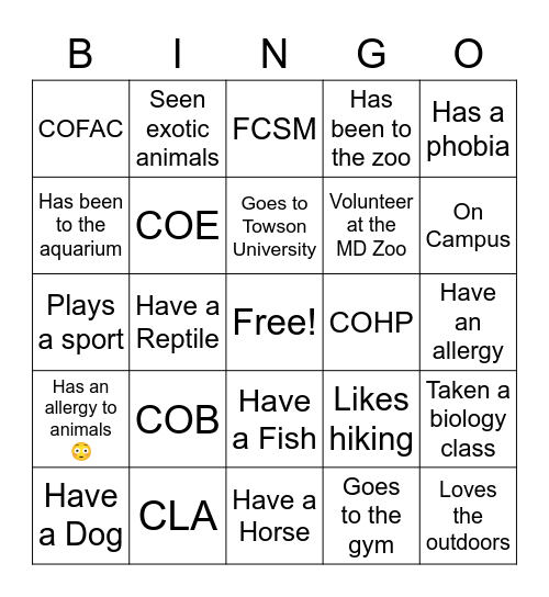 Pre-Vet Club Bingo Card