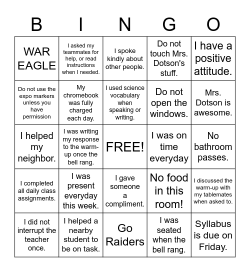Smiles Classroom Rules Bingo Card