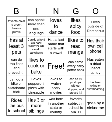 GET to KNOW your CLASSMATES! Bingo Card