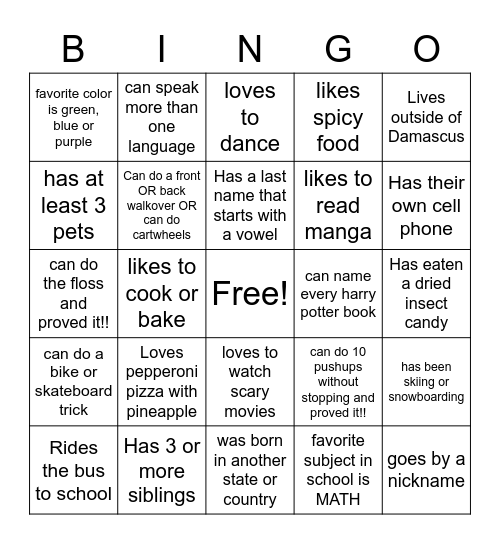 GET to KNOW your CLASSMATES! Bingo Card