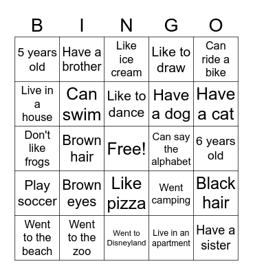 About Me! Bingo Card