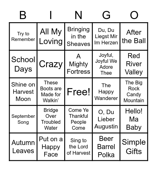 September Music Bingo Card