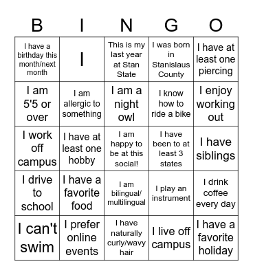 Social Bingo Card