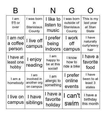 Social Bingo Card