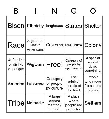 Native American Studies Vocabulary Bingo Card