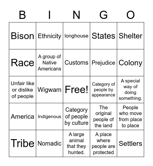 Native American Studies Vocabulary Bingo Card