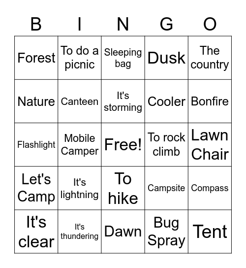 Camping vocab Bingo Card