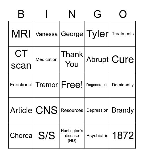 Huntington's Disease Bingo Card