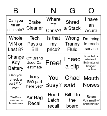In - I'm trying to reach Service / Out - Franz Bingo Card