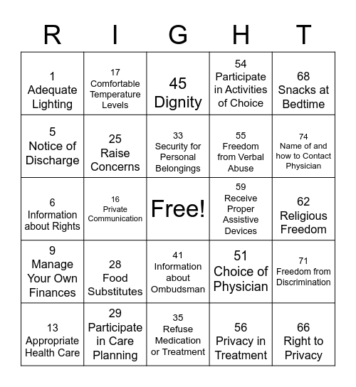 Resident's Rights Bingo Card