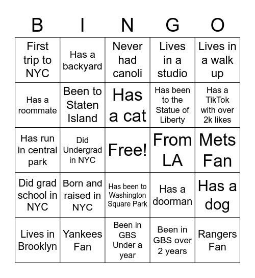 NYC Office Bingo Card