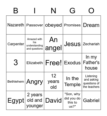 Jesus Grows Up Bingo Card