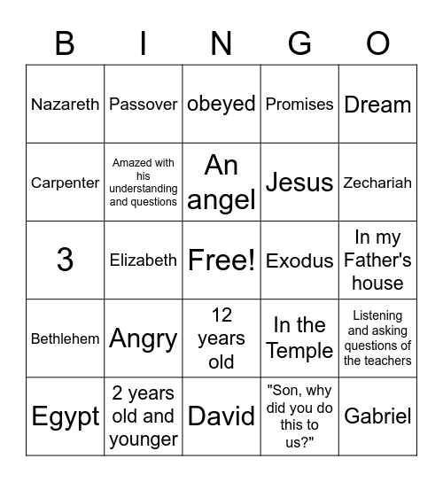 Jesus Grows Up Bingo Card