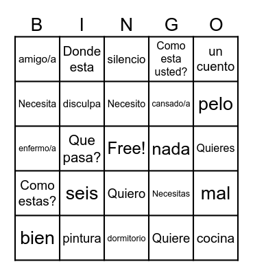 Spanish Bingo Card