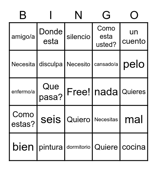 Spanish Bingo Card