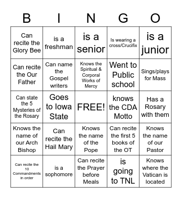 Catholic Bingo Card
