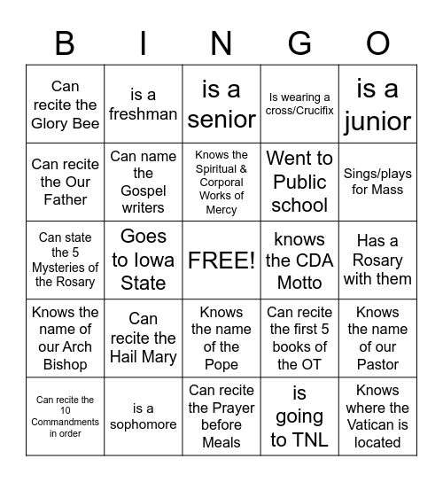 Catholic Bingo Card