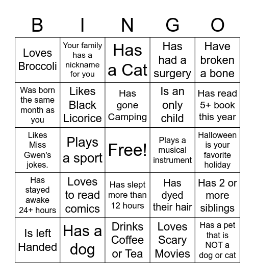 Bingo Bango Bongo Bingo Card