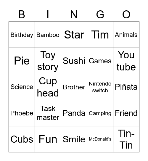 Noah Bingo Card